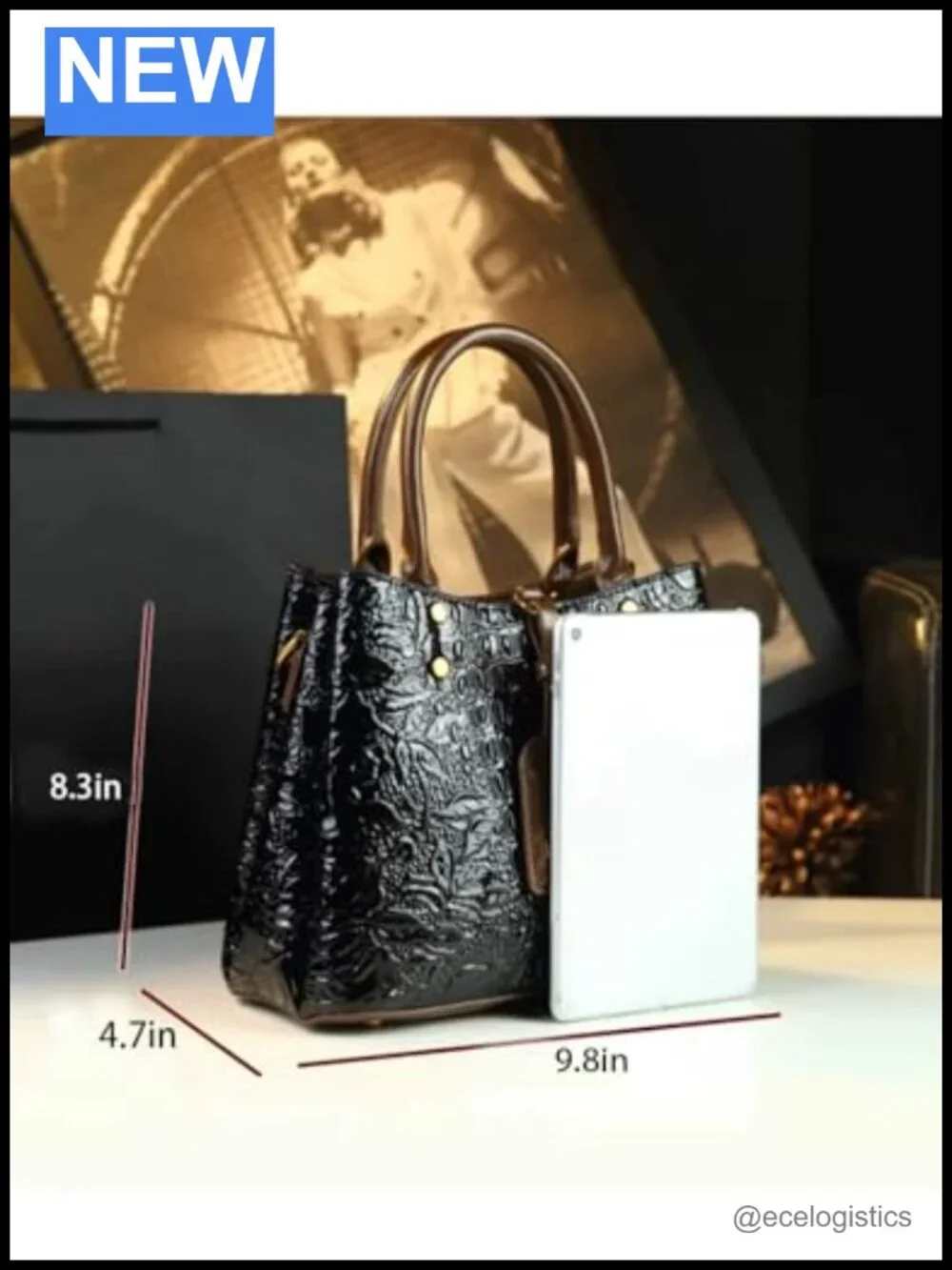 Crocodile-Print Leather Top Handle Bag Satchel Handbag Women's